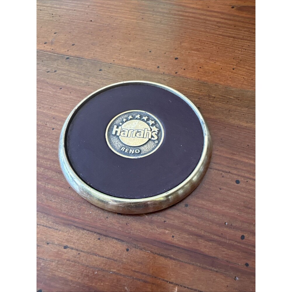 Vintage Harrah’s Reno Brass And Leather Drink Coaster Collectible Rare